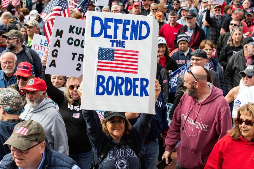 People attend a rally in Boston, Massachusetts, demanding the Joe Biden administration “close the border,” on May 4, 2024. Hundreds of people attended the rally calling for an end to border crossings, sanctuary cities , housing for undocumented immigrants and Biden's border policies.  The rally also called for helping veterans before immigrants.
