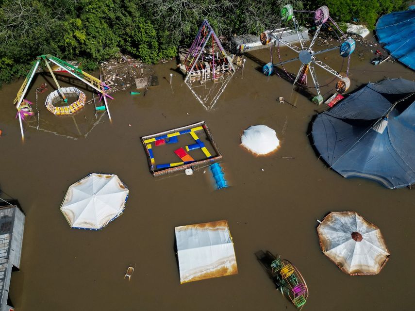 Aerial view of a flooded amusement park in Canoas, a municipality north of Porto Alegre, Brazil, taken on May 7, 2024, after torrential rains devastated parts of the southern state of Rio Grande do Sul.