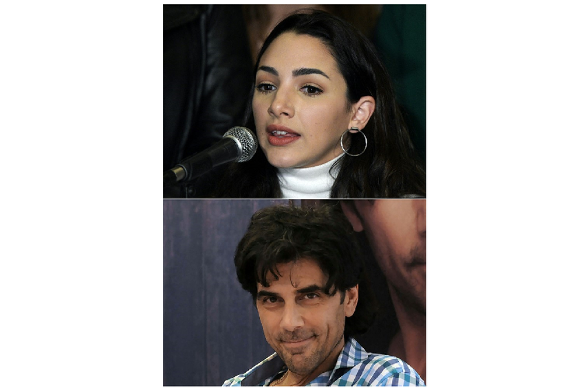 This combination of file images created on November 30, 2021 shows Argentine actress Thelma Fardin during a press conference in Buenos Aires on October 17, 2019, and a file photo taken on November 5, 2014 and published by Tlam shows the Argentine actor Juan Darths posing for a photograph during the presentation of his new album 