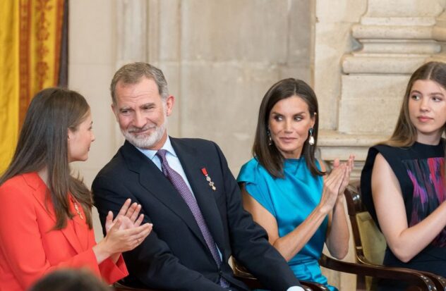 The Kings, Felipe VI and Letizia, accompanied by Their Royal Highnesses Princess Leonor and Infanta Sofa during the imposition of decorations on the occasion of the 10th anniversary of the Proclamation of His Majesty the King, at the Royal Palace, June 19, 2024 , in Madrid.