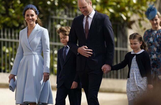 Britain's Prince William and his wife Kate, Duchess of Cambridge, arrive with their children, Prince George and Princess Charlotte, at the Easter Sunday service at St. George's Chapel at Windsor Castle, Berkshire, England , on Sunday, April 17, 2022.
