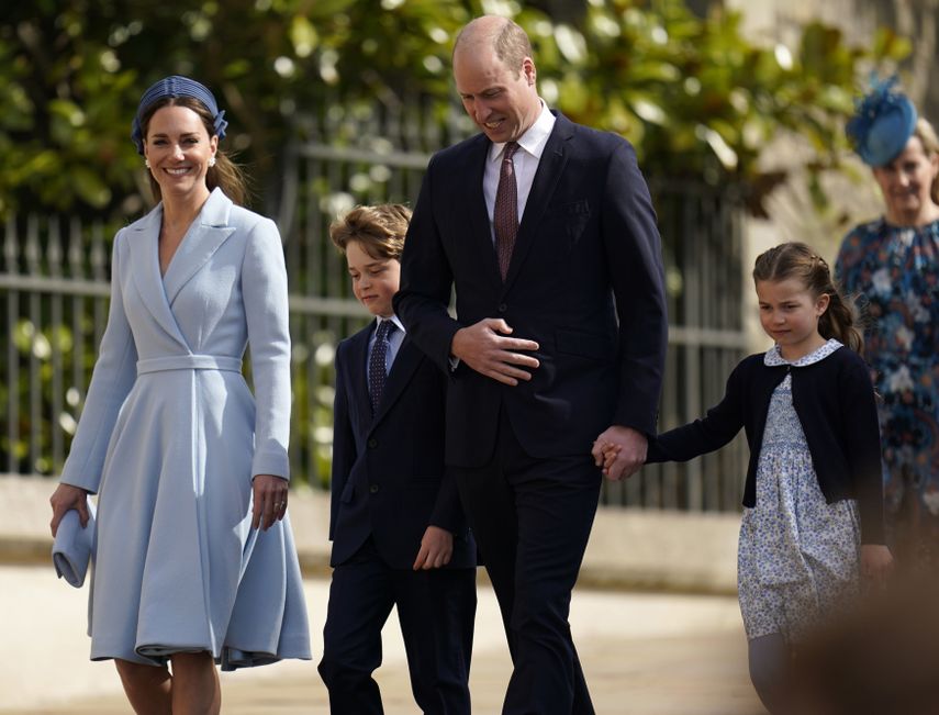 Britain's Prince William and his wife Kate, Duchess of Cambridge, arrive with their children, Prince George and Princess Charlotte, at the Easter Sunday service at St. George's Chapel at Windsor Castle, Berkshire, England , on Sunday, April 17, 2022.