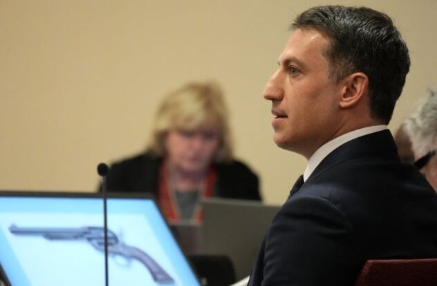 Attorney Alex Spiro, representing American actor Alec Baldwin, listens during Baldwin's trial at the Santa Fe County District Court, July 10, 2024, in Santa Fe, New Mexico.